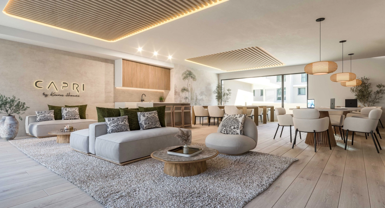 Ein komfortabler und stilvoller Co-Working-Bereich für Bewohner zum Arbeiten oder Entspannen.