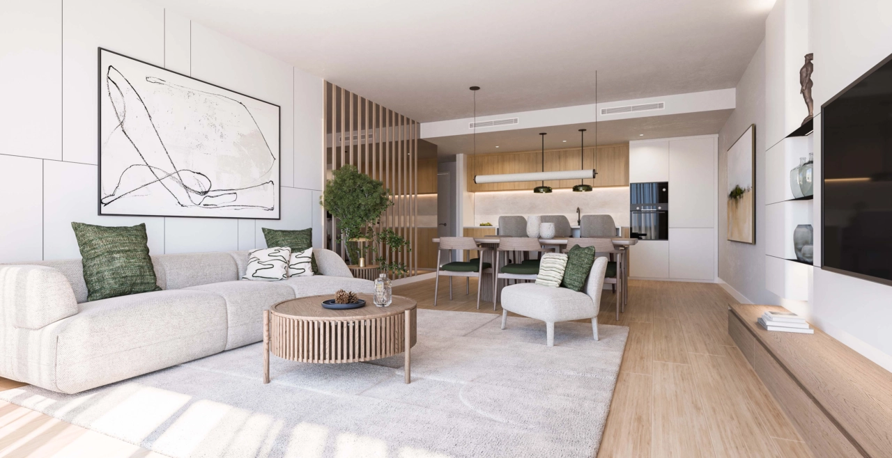 Zeitgemäße Innenräume mit hochwertigen Materialien und einer raffinierten, neutralen Farbpalette.