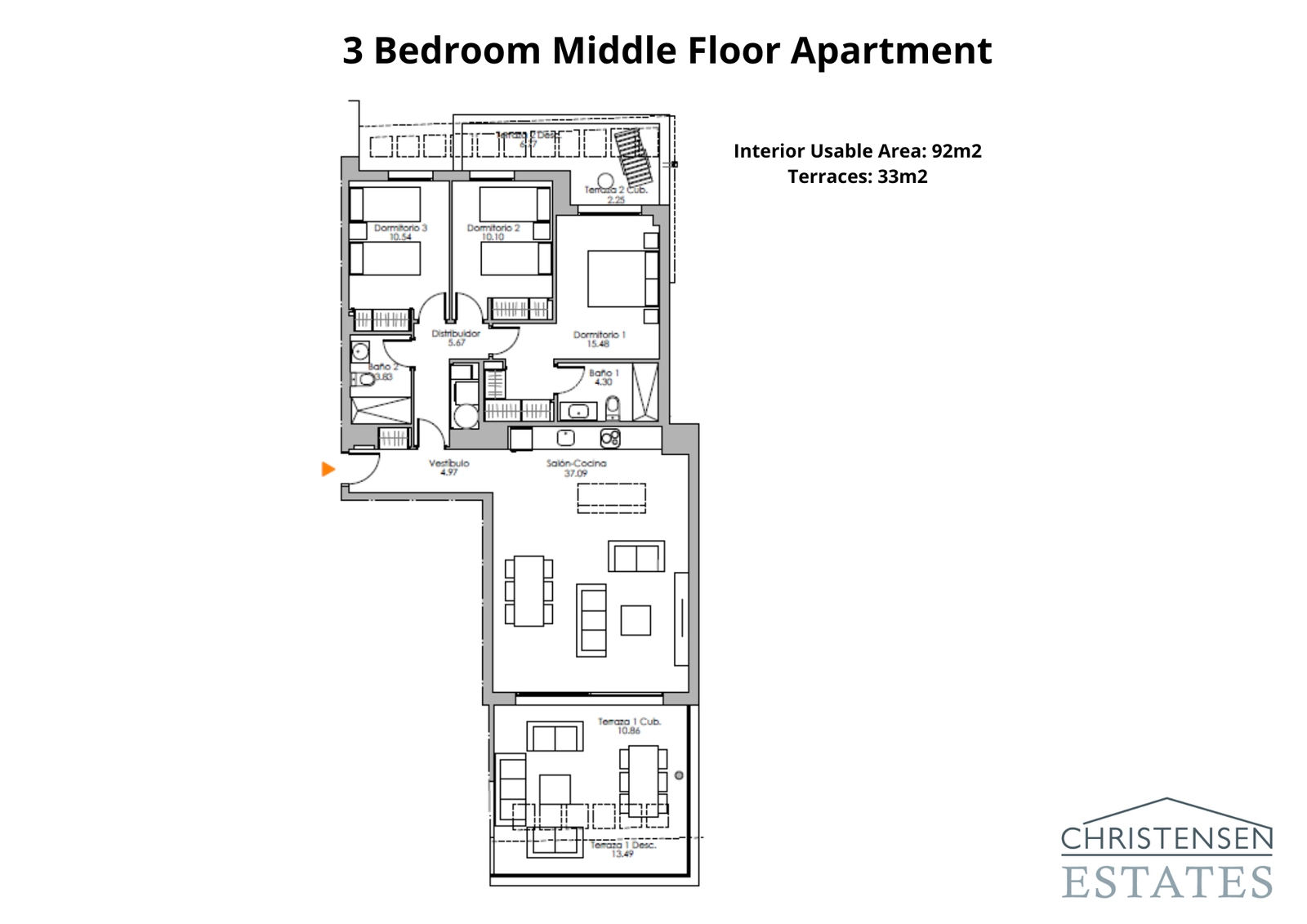 Mittelgeschoss-Wohnung mit drei Schlafzimmern – Ein gut aufgeteiltes Design, das Raum und Tageslicht maximiert und eine große Terrasse zum Genießen der Aussicht bietet.