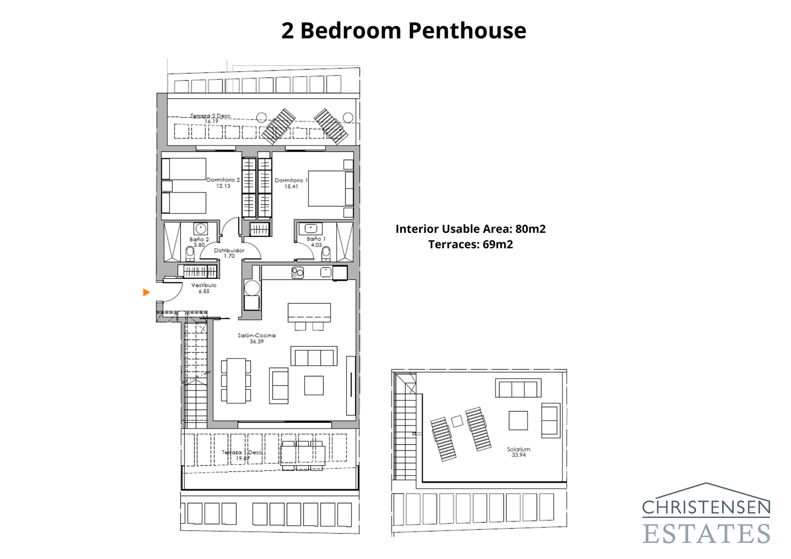 Dachgeschosswohnung mit zwei Schlafzimmern – Der Inbegriff luxuriösen Wohnens; dieser Grundriss umfasst ein spektakuläres Dachsolarium zum privaten Sonnenbaden und für Unterhaltung.
