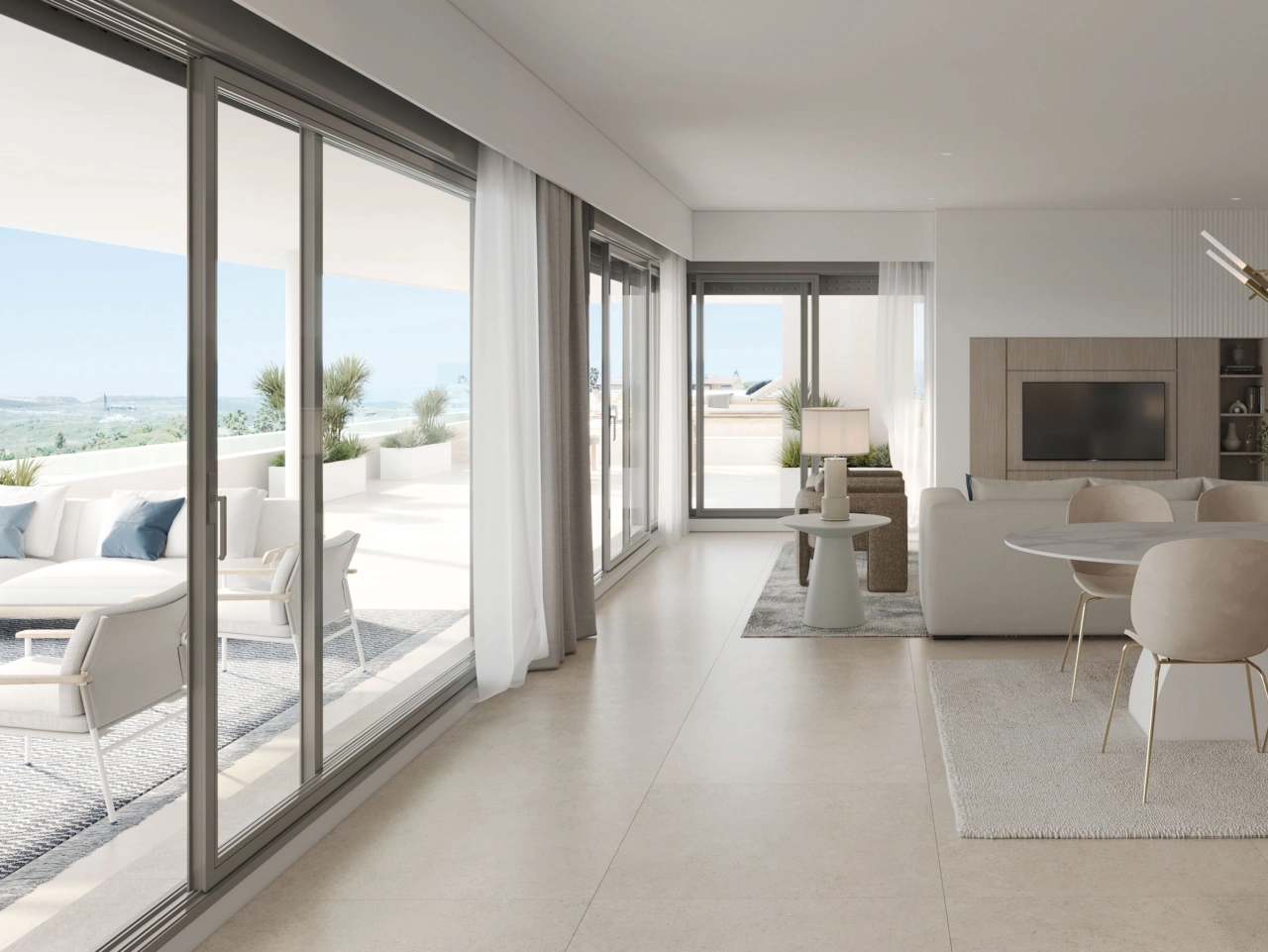 Ein heller und geräumiger Wohnbereich, nahtlos mit der Außenterrasse verbunden.