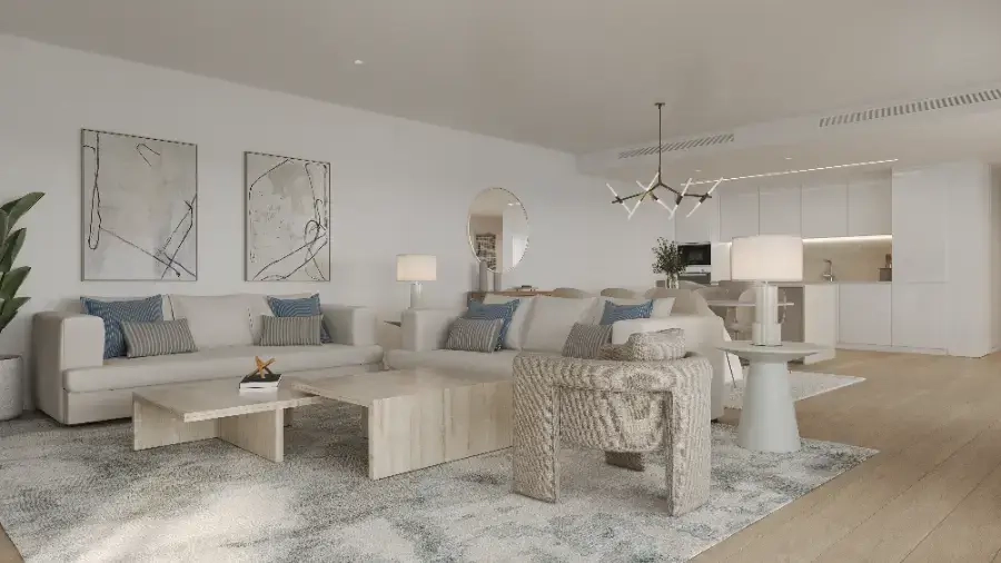 Der elegante offene Wohn- und Essbereich umfasst eine moderne, voll ausgestattete Küche.