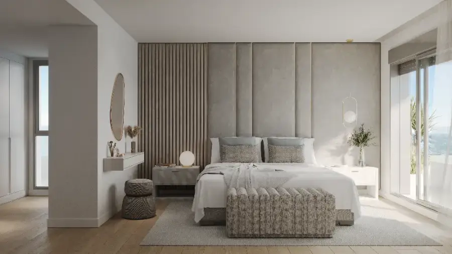 Das Hauptschlafzimmer ist ein friedlicher Rückzugsort, der mit Eleganz und Komfort gestaltet wurde.