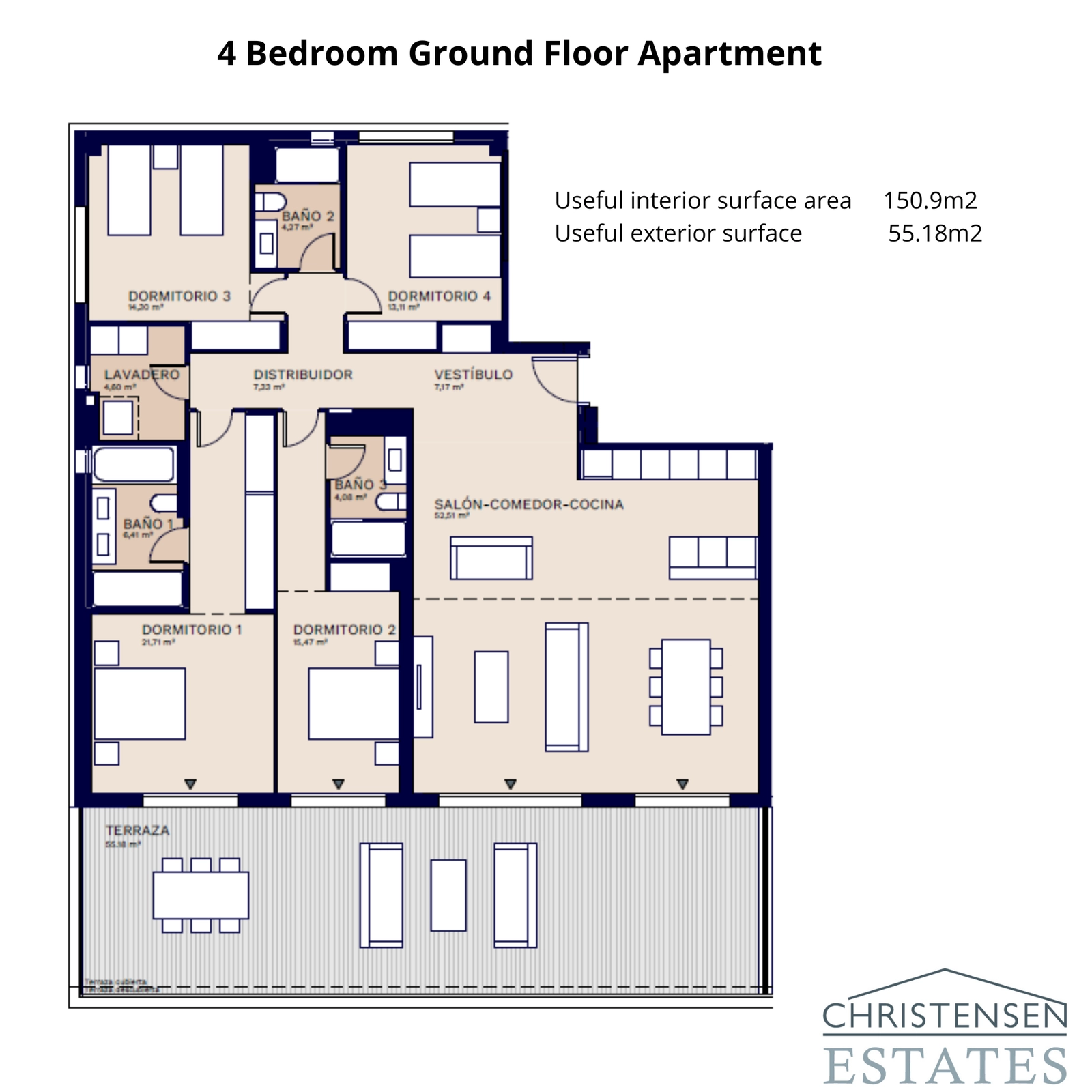 Ein weitläufiges Vier-Schlafzimmer-Haus im Erdgeschoss, perfekt geplant für Familienkomfort und Unterhaltung.