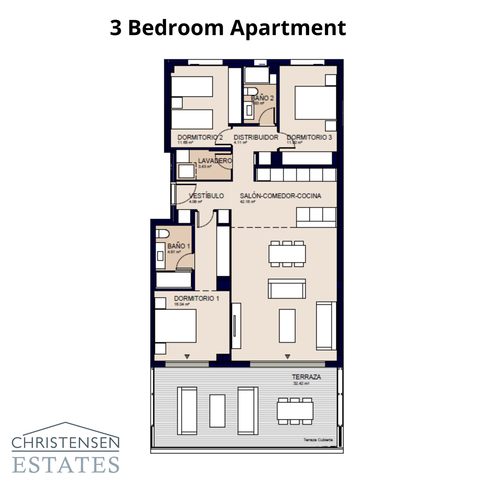 Der Grundriss mit drei Schlafzimmern bietet viel Platz für Familien, mit einer großzügigen Mastersuite und einem nahtlosen Übergang zwischen Innen- und Außenbereich.