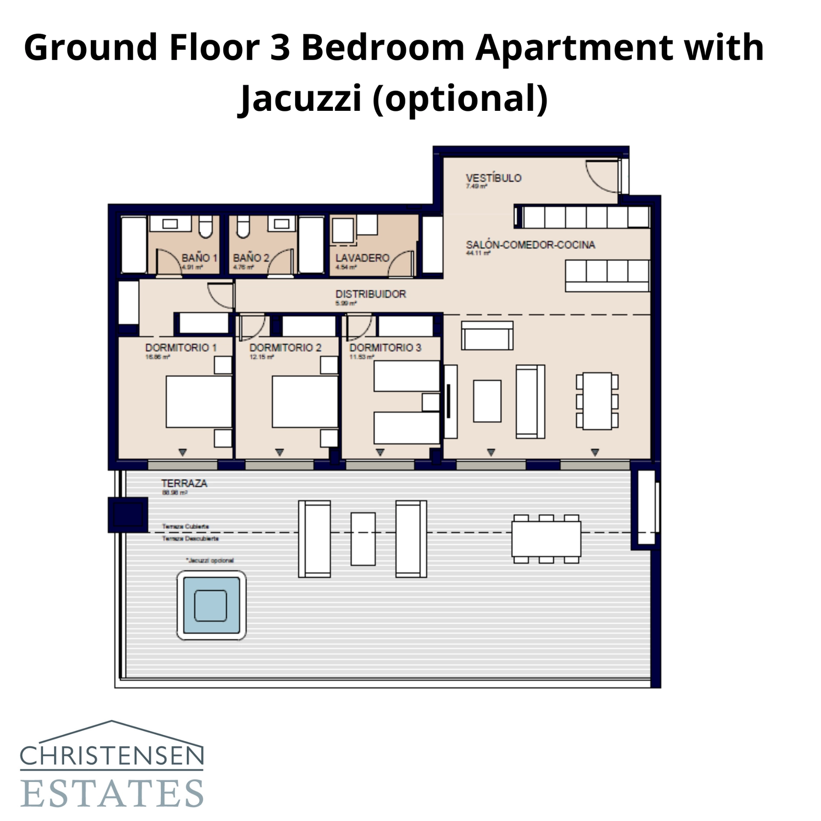 Eine geräumige Drei-Zimmer-Erdgeschosswohnung mit privatem Garten und großer Terrasse, optional mit persönlichem Whirlpool.