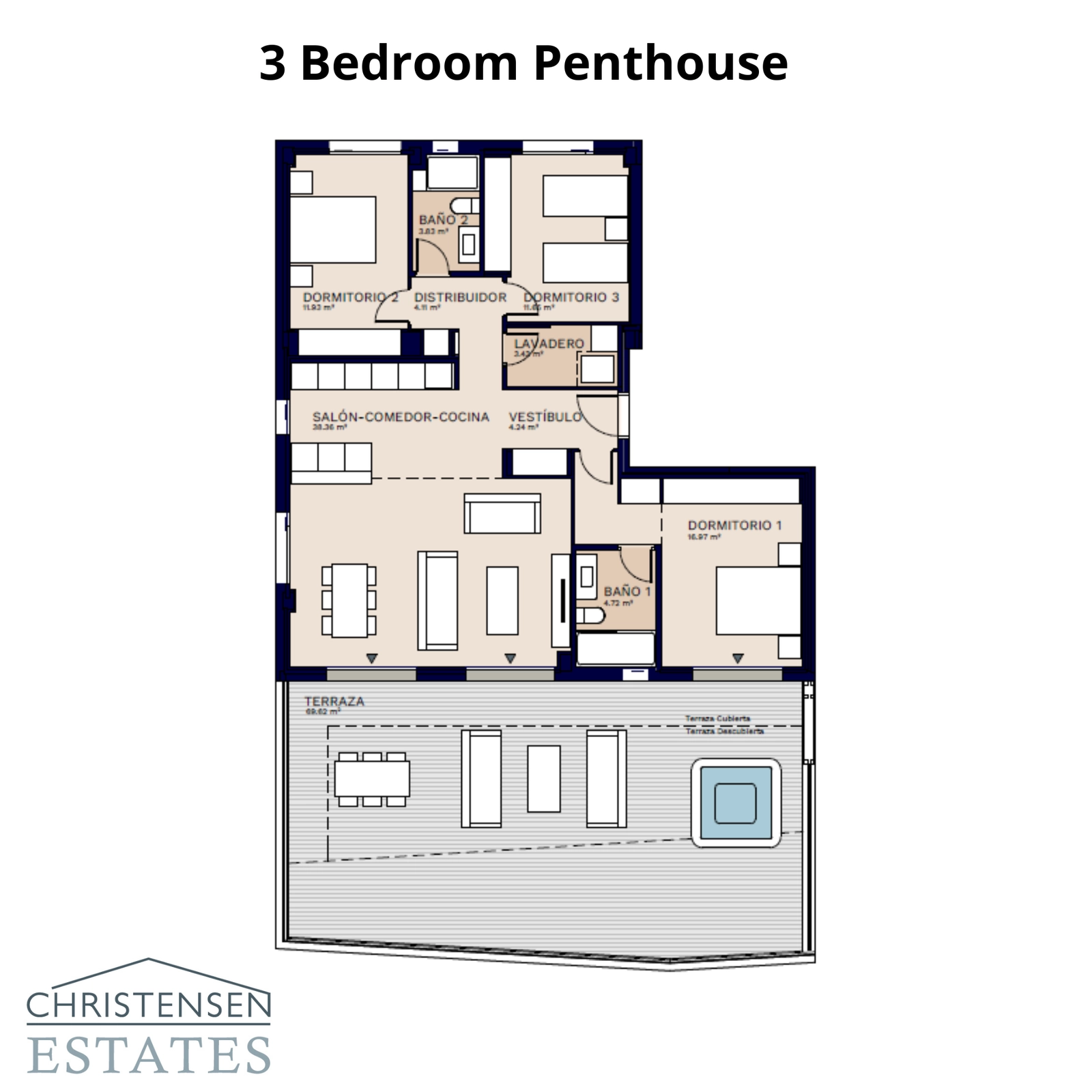 Der exklusive Grundriss der Drei-Zimmer-Dachgeschosswohnung verfügt über eine weitläufige Terrasse, ideal, um den Panoramablick auf das Meer der Costa del Sol zu genießen.