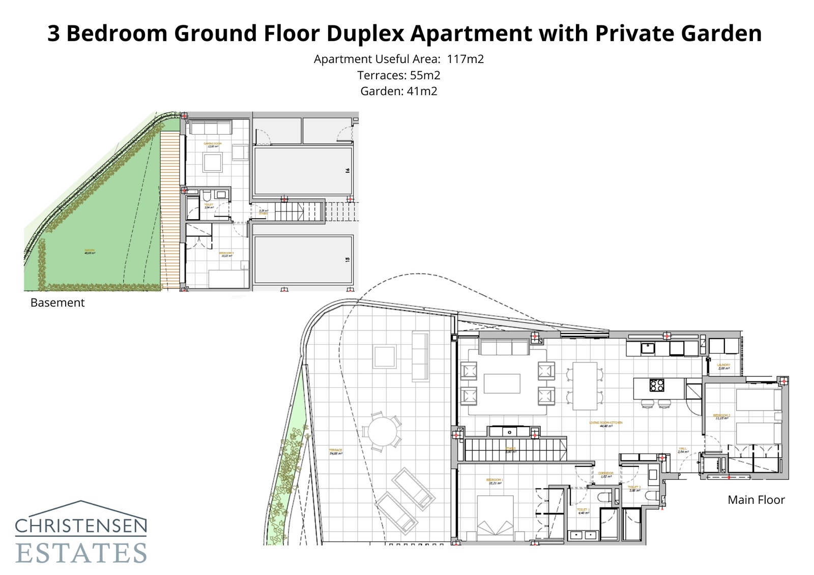 Diese Drei-Schlafzimmer-Duplex-Wohnung im Erdgeschoss bietet eine großzügige Raumaufteilung, die nahtlos mit einer privaten Terrasse und einem Garten verbunden ist, konzipiert für einen erstklassigen Lebensstil im Innen- und Außenbereich.