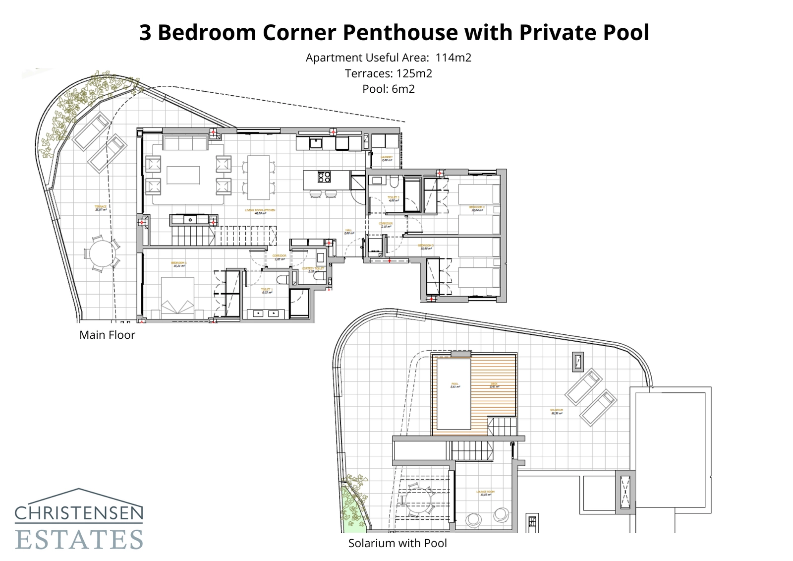 Entdecken Sie die weitläufige Eck-Dachgeschosswohnung mit drei Schlafzimmern, großzügigen Wohnbereichen und einem atemberaubenden Solarium mit privatem Pool für ultimativen Luxus und Privatsphäre.